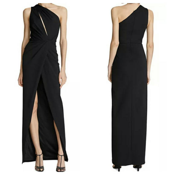 Halston Celeste Pleated One Shoulder Gown Black Maxi Sleeveless Slit Zip 12 New - Picture 1 of 16